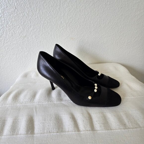 Vintage Chanel Pearl Cap Toe Velvet Stiletto Heels Pumps Black - Picture 6 of 16